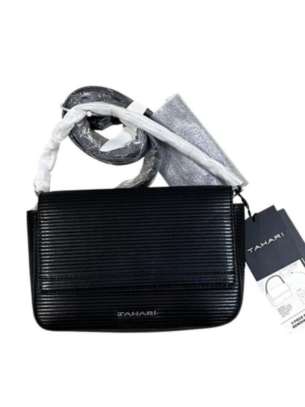 Tahari Essex St Sling Bag Small Black Emboss Stripe Faux Leather Belt